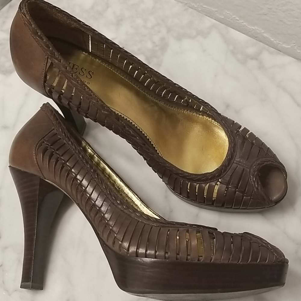 Brown Leather Peep Toe Pump